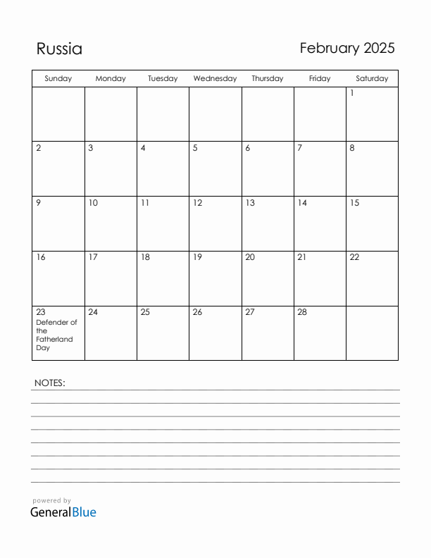 February 2025 Russia Calendar with Holidays (Sunday Start)