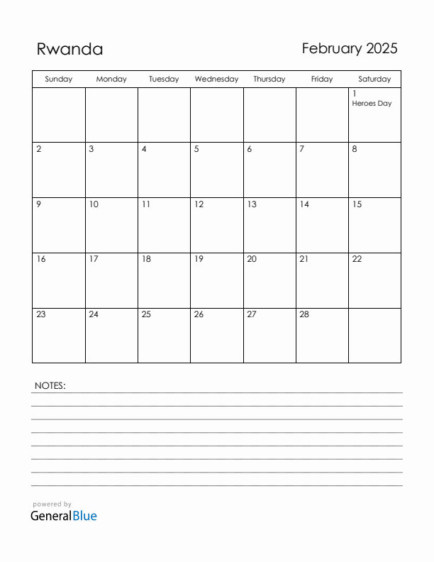 February 2025 Rwanda Calendar with Holidays (Sunday Start)