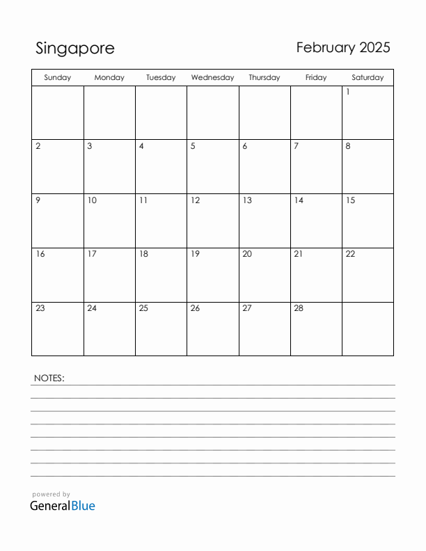 February 2025 Singapore Calendar with Holidays (Sunday Start)