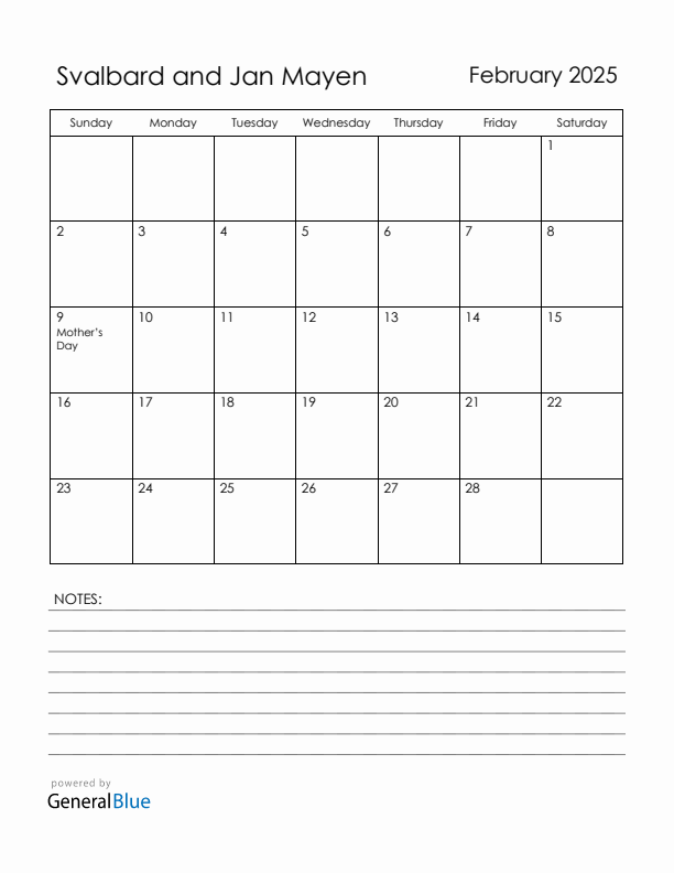 February 2025 Svalbard and Jan Mayen Calendar with Holidays (Sunday Start)