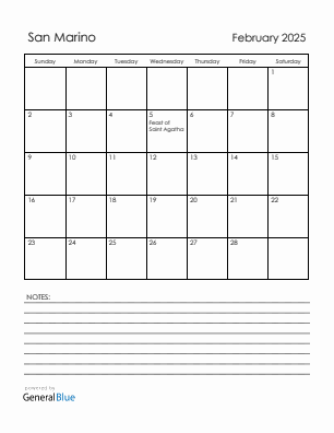 Current month calendar with San Marino holidays for February 2025