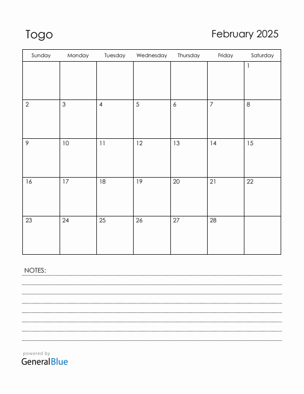 February 2025 Togo Calendar with Holidays (Sunday Start)