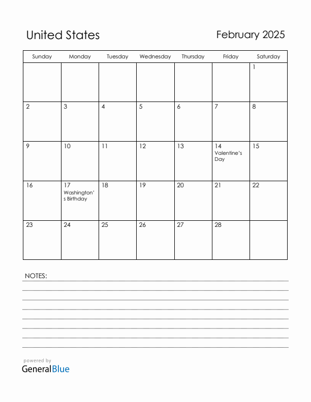 February 2025 Monthly Calendar with United States Holidays