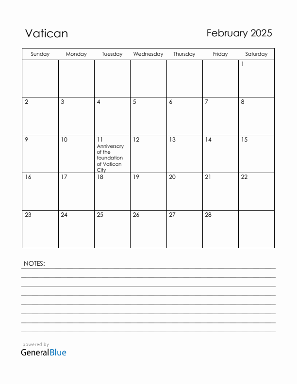 February 2025 Vatican Calendar with Holidays (Sunday Start)