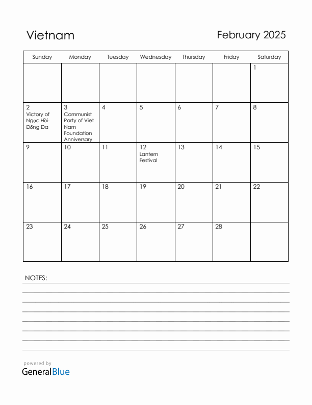 February 2025 Vietnam Calendar with Holidays (Sunday Start)