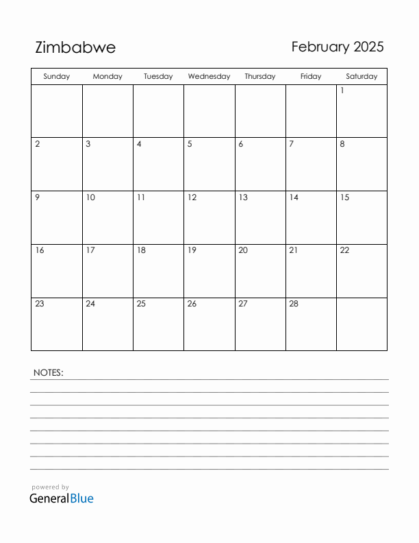 February 2025 Zimbabwe Calendar with Holidays (Sunday Start)