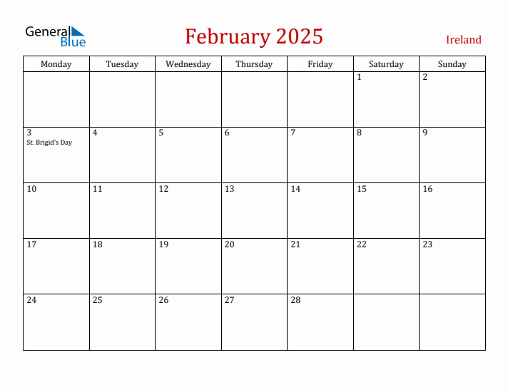 Ireland February 2025 Calendar - Monday Start