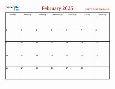 Current month calendar with United Arab Emirates holidays for February 2025