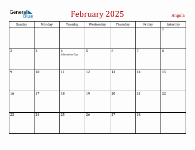 Current month calendar with Angola holidays for February 2025