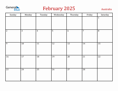 Current month calendar with Australia holidays for February 2025