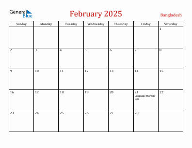 Current month calendar with Bangladesh holidays for February 2025