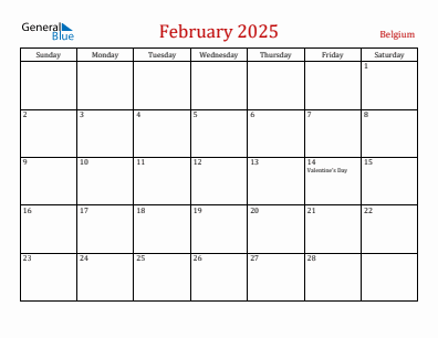 Current month calendar with Belgium holidays for February 2025