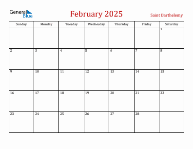 Current month calendar with Saint Barthelemy holidays for February 2025