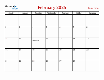 Current month calendar with Cameroon holidays for February 2025