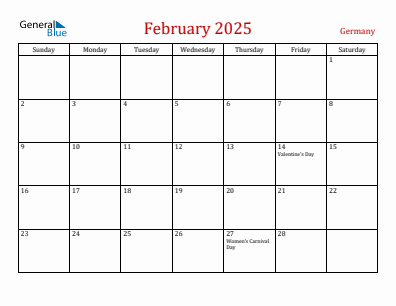 Current month calendar with Germany holidays for February 2025