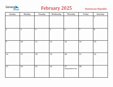 Current month calendar with Dominican Republic holidays for February 2025