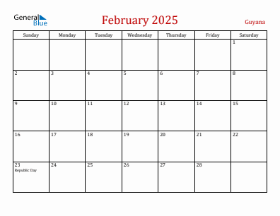 Current month calendar with Guyana holidays for February 2025