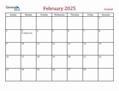 Current month calendar with Ireland holidays for February 2025