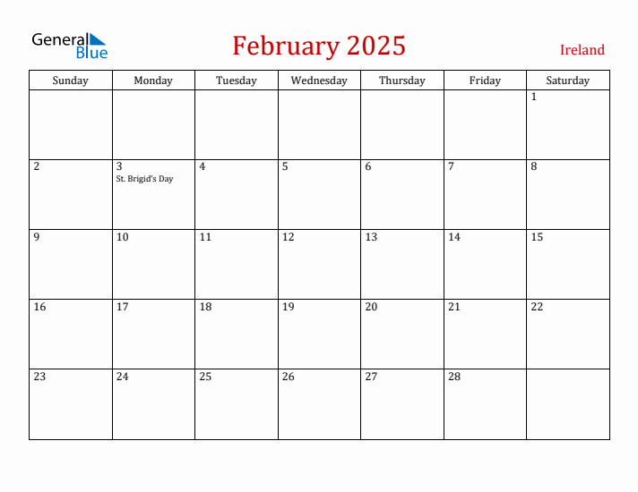 Ireland February 2025 Calendar - Sunday Start