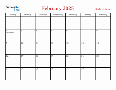 Current month calendar with Liechtenstein holidays for February 2025