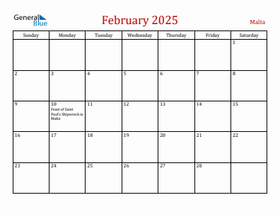 Current month calendar with Malta holidays for February 2025