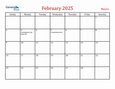 Current month calendar with Mexico holidays for February 2025