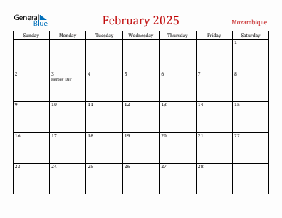 Current month calendar with Mozambique holidays for February 2025