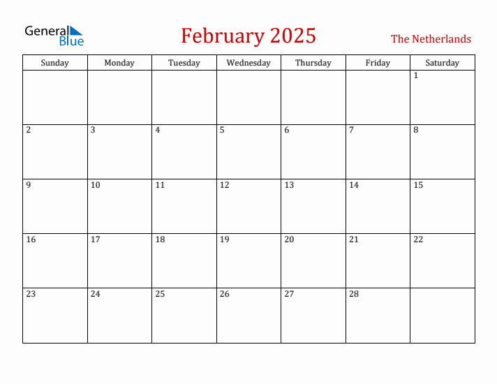 The Netherlands February 2025 Calendar - Sunday Start