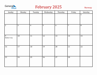 Current month calendar with Norway holidays for February 2025