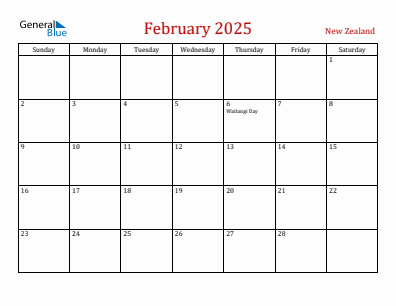 Current month calendar with New Zealand holidays for February 2025