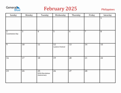 Current month calendar with Philippines holidays for February 2025