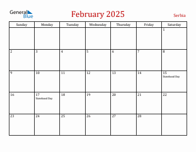 Current month calendar with Serbia holidays for February 2025