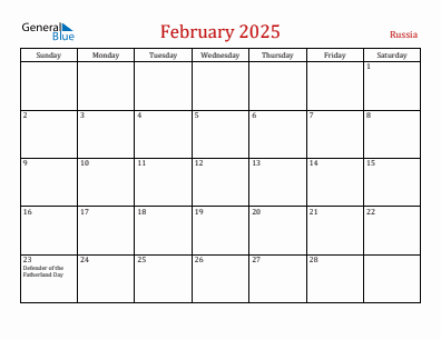 Current month calendar with Russia holidays for February 2025