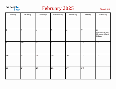 Current month calendar with Slovenia holidays for February 2025