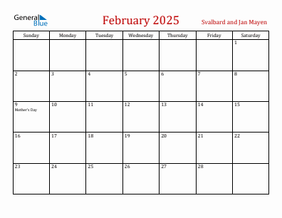 Current month calendar with Svalbard and Jan Mayen holidays for February 2025