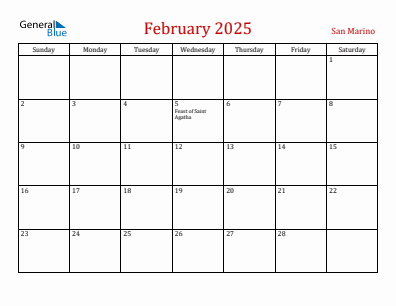 Current month calendar with San Marino holidays for February 2025