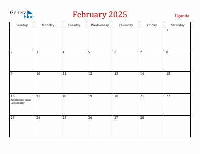 Current month calendar with Uganda holidays for February 2025