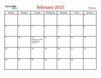 Current month calendar with Vatican holidays for February 2025