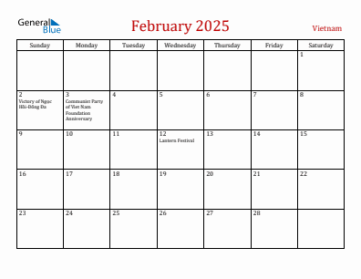 Current month calendar with Vietnam holidays for February 2025