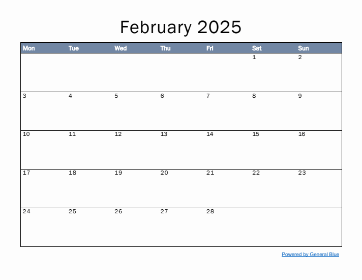 February 2025 Simple Month Calendar Template