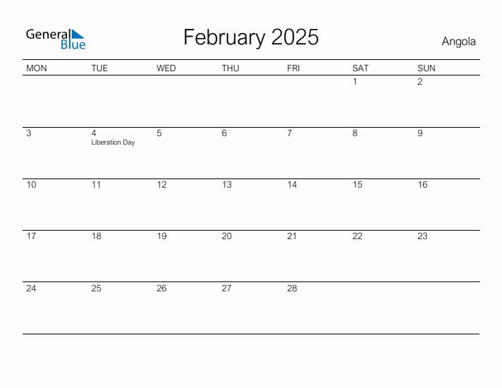 Printable February 2025 Calendar for Angola