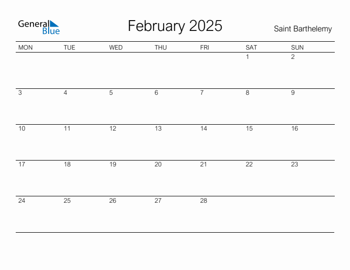 Printable February 2025 Calendar for Saint Barthelemy