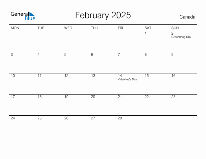 Printable February 2025 Calendar for Canada