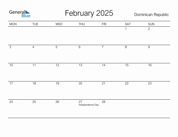 Printable February 2025 Calendar for Dominican Republic