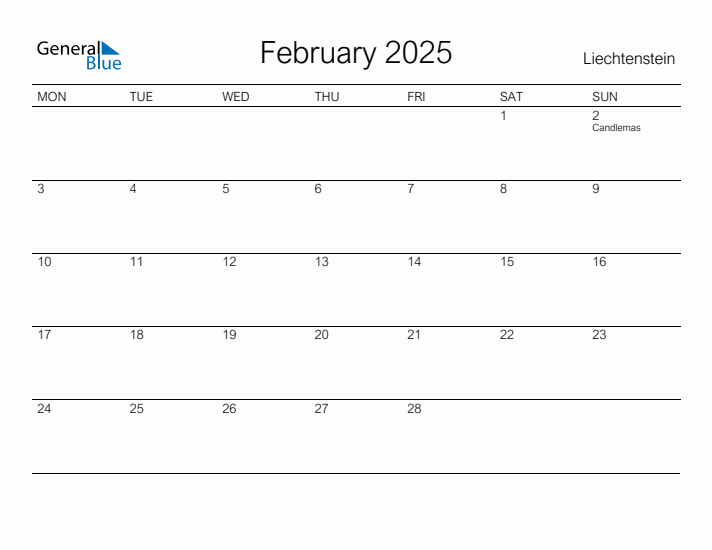 Printable February 2025 Calendar for Liechtenstein