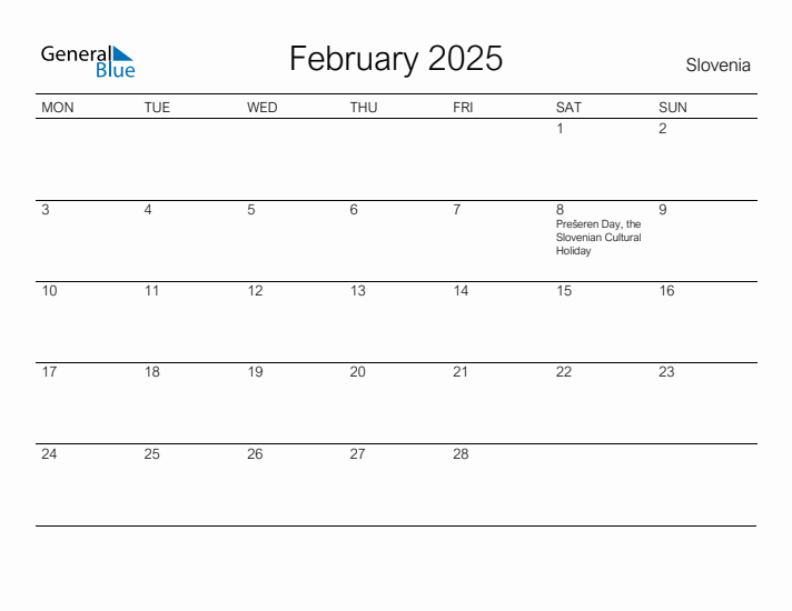 Printable February 2025 Calendar for Slovenia