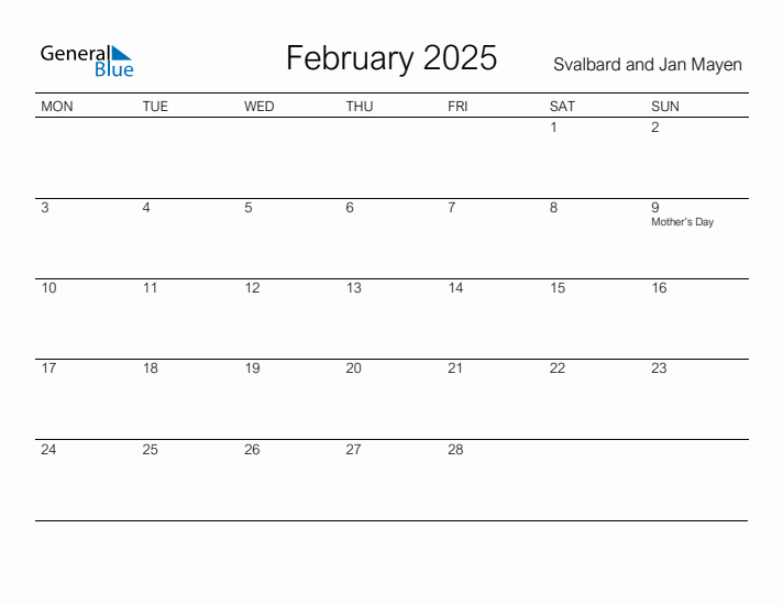 Printable February 2025 Calendar for Svalbard and Jan Mayen