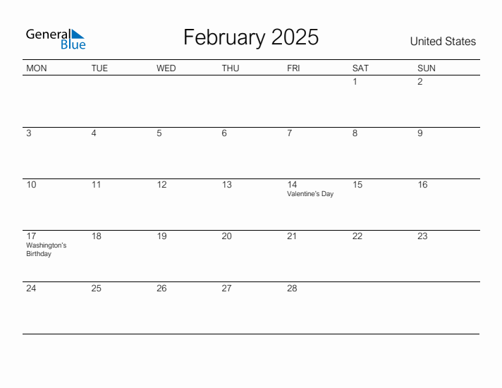 Printable February 2025 Calendar for United States