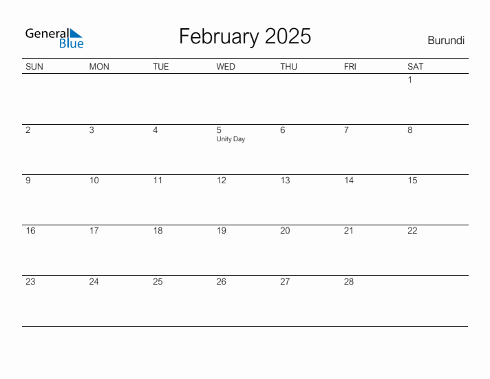 Printable February 2025 Calendar for Burundi