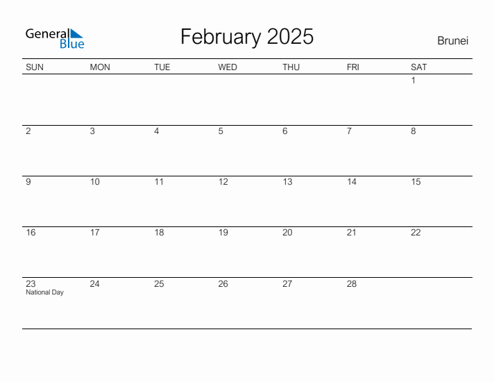 Printable February 2025 Calendar for Brunei